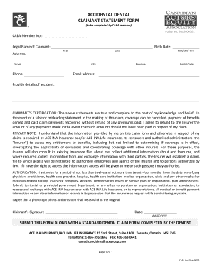 Accidental Dental Claimant Statement Form