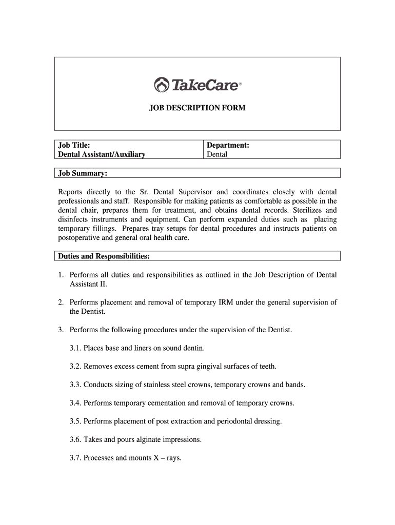 Fillable Online JOB DESCRIPTION FORM Job Title Dental Assistant