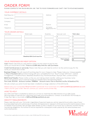 Westfield Gift Card Order Form