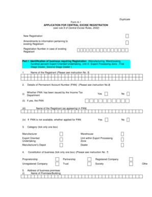 Form A-1 Central Excise Registration Application