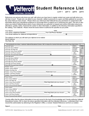 Student Reference List Form