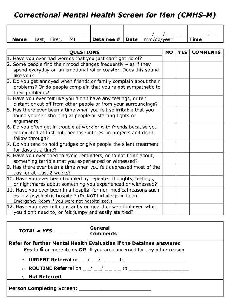 Correctional Mental Health Screen Fill Online Printable Fillable 