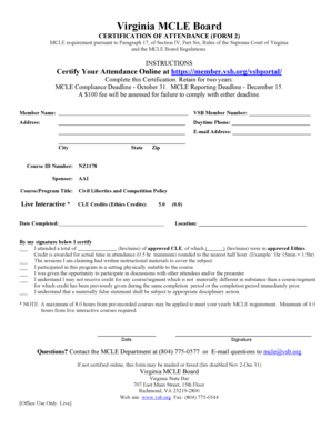 Virginia MCLE Certification of Attendance Form 2