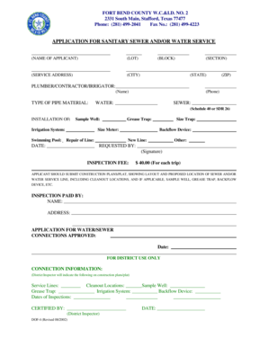 Fort Bend County Sanitary Sewer and Water Service Application