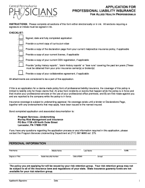 Professional Liability Insurance Application for Allied Health Professionals