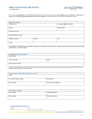 Application for Life Policy for Legal Entity