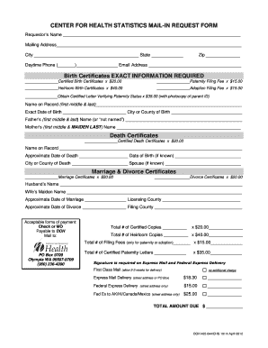 Center for Health Statistics Mail-In Request Form