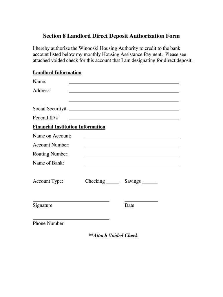 Fillable Online winooskihousing Section 8 Landlord Direct Deposit