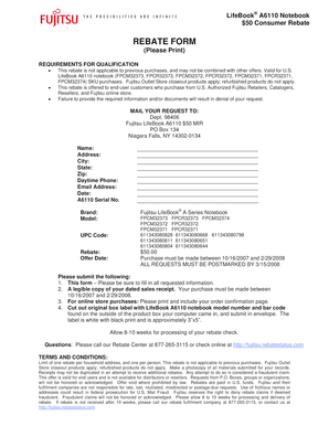 Fujitsu LifeBook A6110 $50 Rebate Form