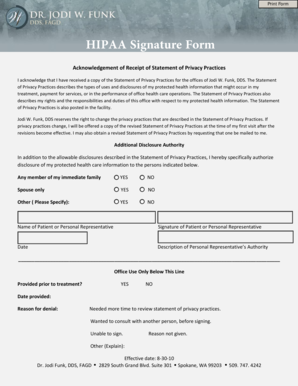 HIPAA Privacy Practices Acknowledgement Form