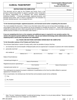 Massachusetts Clinical Team Report for Guardianship