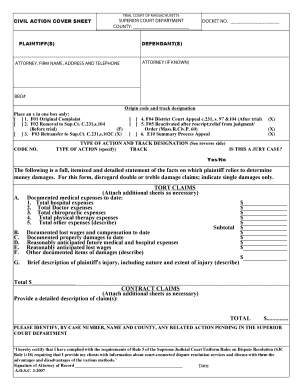 Massachusetts Civil Action Cover Sheet