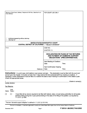 Declaration Re Filing of Tax Returns and Payment of Domestic Support Obligations