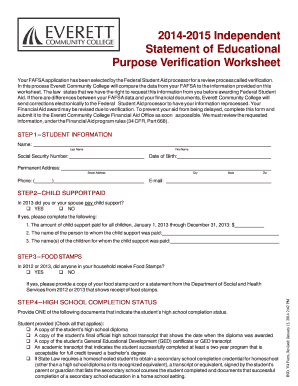 2014-2015 Independent Statement of Educational Purpose Verification Worksheet
