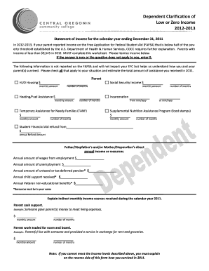 Dependent Clarification of Low or Zero Income
