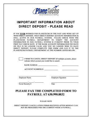 Direct Deposit Cancellation Form - PlaneTechs