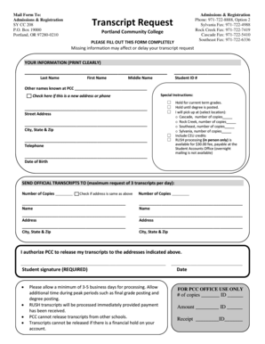 Portland Community College Transcript Request Form
