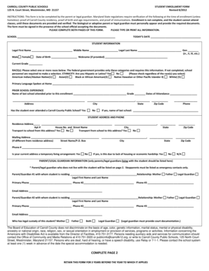 Carroll County Student Enrollment Form