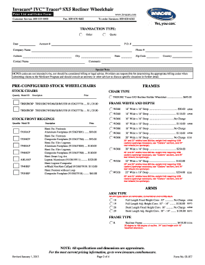 Invacare Tracer SX5 Recliner Wheelchair Order Form