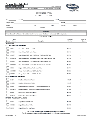 Invacare Personal Care Price List and Order Form