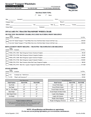 Invacare Transport Wheelchairs Price List and Order Form