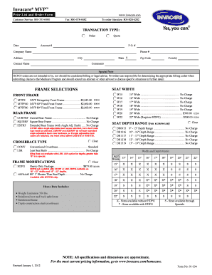 Invacare MVP Price List and Order Form