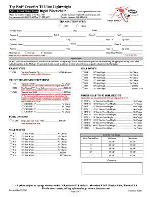 Invacare Top End Crossfire T6 Order Form