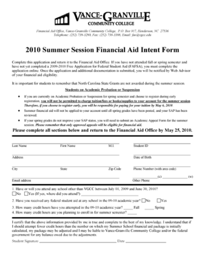 2010 Summer Session Financial Aid Intent Form