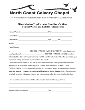 Minor Missions Trip Consent Waiver and Liability Release Form