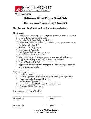 Millennium Refinance Short Pay or Short Sale Checklist