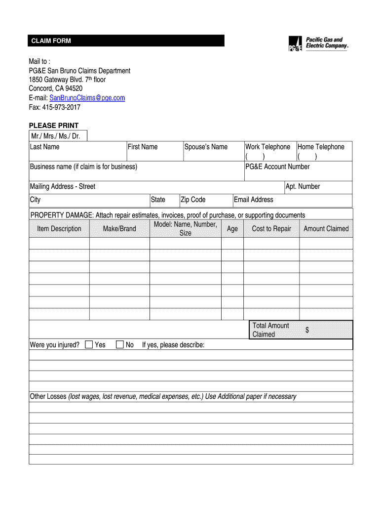 pge claim form pdf Preview on Page 1