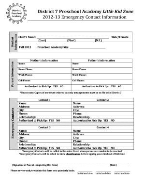 Preschool Emergency Contact Form