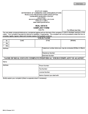 Hawaii Regulated Industries Complaint Form