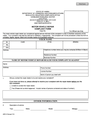 Hawaii Regulated Industries Complaint Form