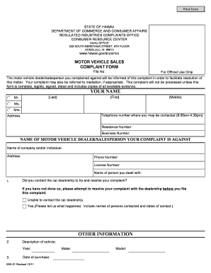 Hawaii Regulated Industries Complaint Form