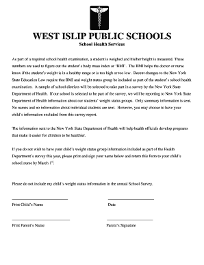 BMI Opt-Out Form - West Islip Public Schools - wi k12 ny