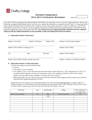 College comparison sheet - Verification Worksheet - Independent - Chaffey College - chaffey