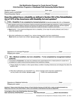 Diet Modification Request for Child Nutrition Programs