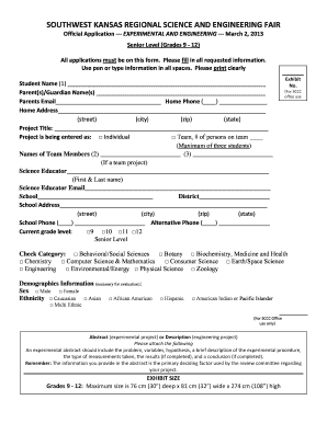 SOUTHWEST KANSAS REGIONAL SCIENCE AND ENGINEERING FAIR Official Application --- EXPERIMENTAL AND ENGINEERING --- March 2, 2013 Senior Level (Grades 9 - 12) All applications must be on this form - sccc