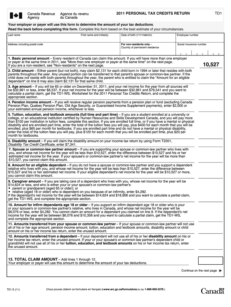 2011 personal tax credits return td1 University of New Brunswick