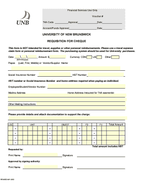 University of New Brunswick Requisition for Cheque