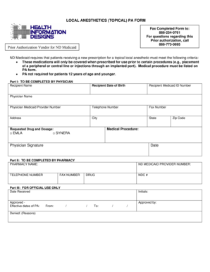 ND Medicaid Local Anesthetics Prior Authorization Form