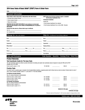 2014 Iowa Tests of Basic Skills Form A Order Form