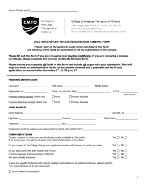 2012 Inactive Certificate Renewal Form