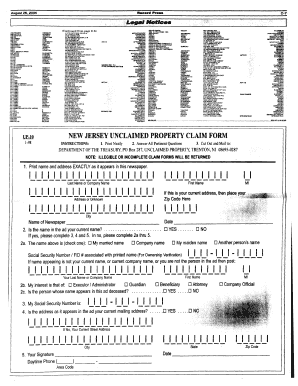 New Jersey Unclaimed Property Claim Form
