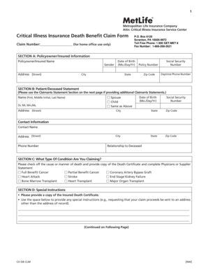 Critical Illness Insurance Death Benefit Claim Form