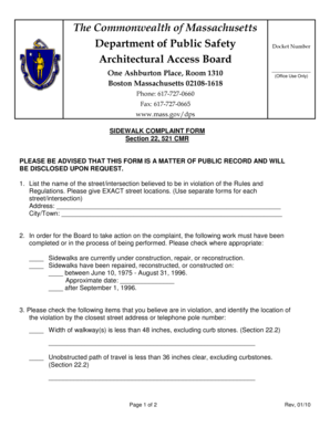 Massachusetts Sidewalk Complaint Form
