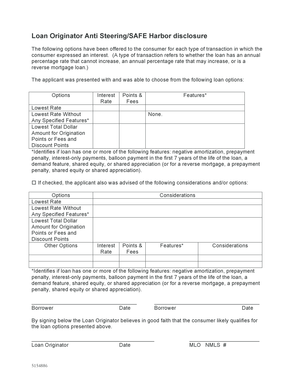 Loan Originator Anti Steering/SAFE Harbor Disclosure