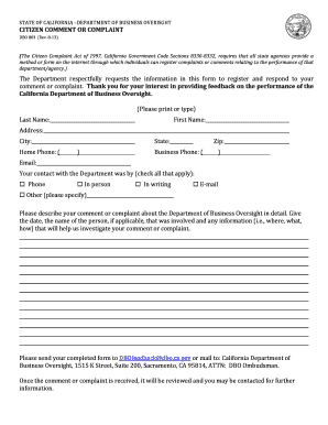 California Citizen Comment or Complaint Form