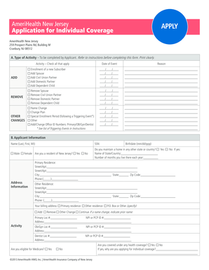 AmeriHealth New Jersey Application for Individual Coverage